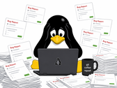 Un pingouin de type Tux débordé par les rapports de bogues générés par l'IA qui inondent l'espace de travail d'un développeur Linux.