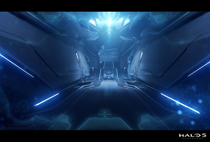 Cette scène de couloir de Halo 5 : Guardians utilise une symétrie nette, des accents lumineux et une perspective profonde pour créer une atmosphère futuriste élégante.
