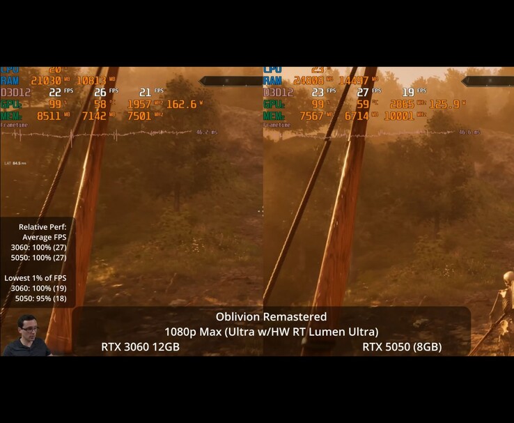 RTX 3060 12GB et RTX 5050, montrant les FPS, l'utilisation du GPU, la mémoire et les statistiques de temps de jeu (Image source : Daniel Owen)