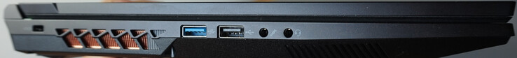 À gauche : verrou Kensington, USB-A (5 Gbit/s), USB-A (0,5 Gbit/s), microphone, casque d'écoute