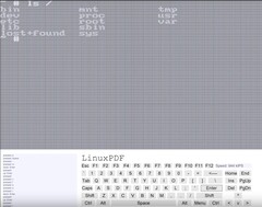 Capture d'écran de la console LinuxPDF exécutant la commande 'ls' lors de l'exécution de Linux à l'intérieur d'un fichier PDF. (Source de l'image : Ading2210 sur Github)