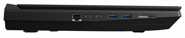 Côté gauche : Ethernet gigabit, Thunderbolt 3, USB C 3.1 Gen 2, 2 USB A 3.1 Gen 1, lecteur de carte.