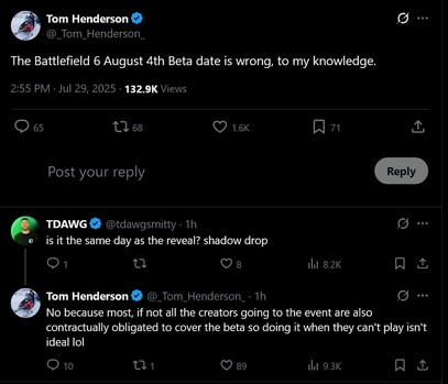 Tom Henderson répond à la fuite de l'heure de début de la bêta ouverte de Battlefield 6 (Source de l'image : capture d'écran, compte Tom Henderson X)