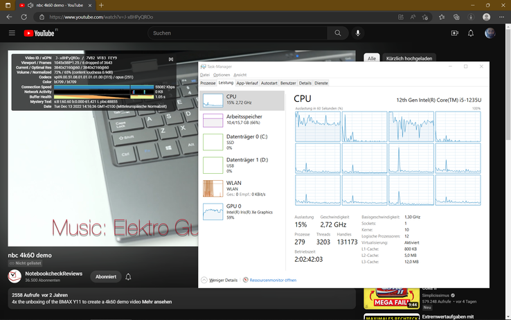 lecture 4K sur YouTube : peu d'images perdues et une utilisation élevée de ~60% sur les Intel Xe G7 80EUs