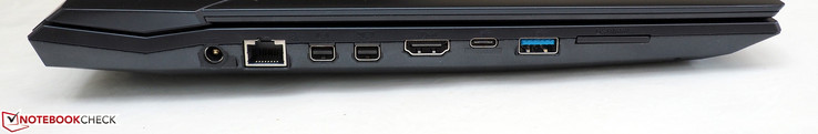 Côté gauche : entrée secteur, LAN RJ45, Mini DisplayPort 1.2, Mini DisplayPort 1.4 (G-Sync), HDMI 2.0, USB C 3.1 gen 2, USB A 3.1 Gen 2, lecteur de cartes SD.