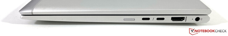 A droite : Nano SIM, 2x USB-C avec Thunderbolt 4 (USB 4, 40 Gb/s, DisplayPort 1.4, Power Delivery), HDMI 2.0b, alimentation électrique