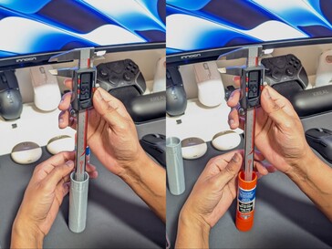 Mesure de la profondeur du trou entre le bâton de colle imprimé en 3D (à gauche) et le bâton de colle original (à droite)