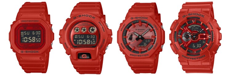 De gauche à droite : les montres Casio G-Shock DW5600RRB-4, DW6900RRB-4, GA2100RRB-4A et GA110RRB-4A. (Source de l'image : Casio, édité)