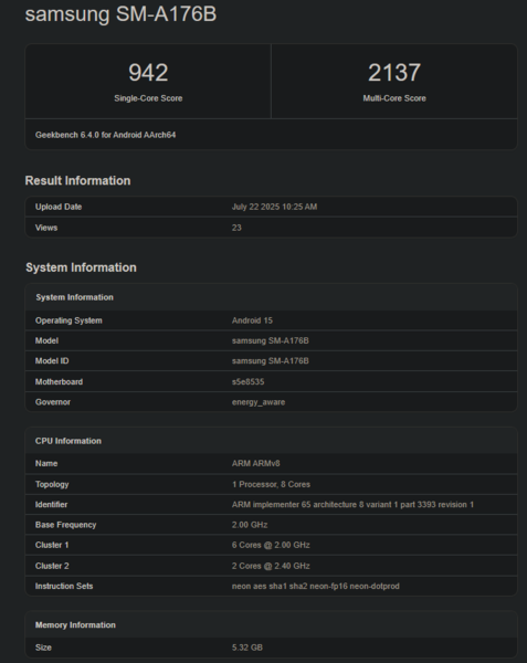 Galaxy Liste Geekbench de l'A17 (source d'image : Geekbench)