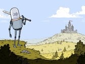 Image du jeu Feudal Alloy montrant un chevalier avec une tête d'aquarium et un château en arrière-plan. (Source de l'image : Steam)