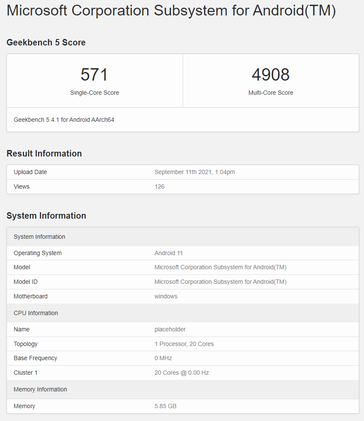 Liste Geekbench du sous-système Windows 11 Android sur x86. (Source : Geekbench)