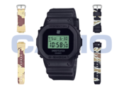 La Casio x Undefeated G-Shock DWE-5600UD-1, avec le bracelet camouflage désert (à gauche) et le bracelet camouflage bois (à droite). (Source de l'image : Casio)