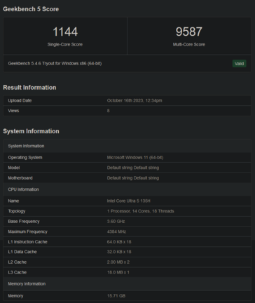 Performances de l'Intel Core Ultra 5 135H sur Geekbench (image via Geekbench)