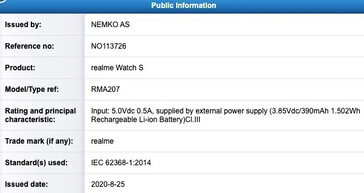 Les différentes nouvelles certifications pour le Realme Watch S. (Source : FCC, EEC, NCC, NEMKO via MySmartPrice)