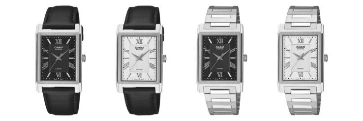 De gauche à droite : les montres Casio BMS-105D-1A, BMS-105D-7A, BMS-105L-1A et BMS-105L-7A
