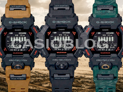 Sur la photo, la Casio G-Shock GDG-B100-1 (entièrement noire), GDG-B100-1A3 (noire avec bracelet camouflage vert) et GDG-B100-1A5 (noire avec bracelet sable).