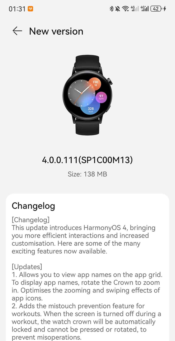 Capture d'écran de la mise à jour 4.0.0.111 (SP1C00M13) pour la Huawei Watch GT 3 (Source : Huawei Central)