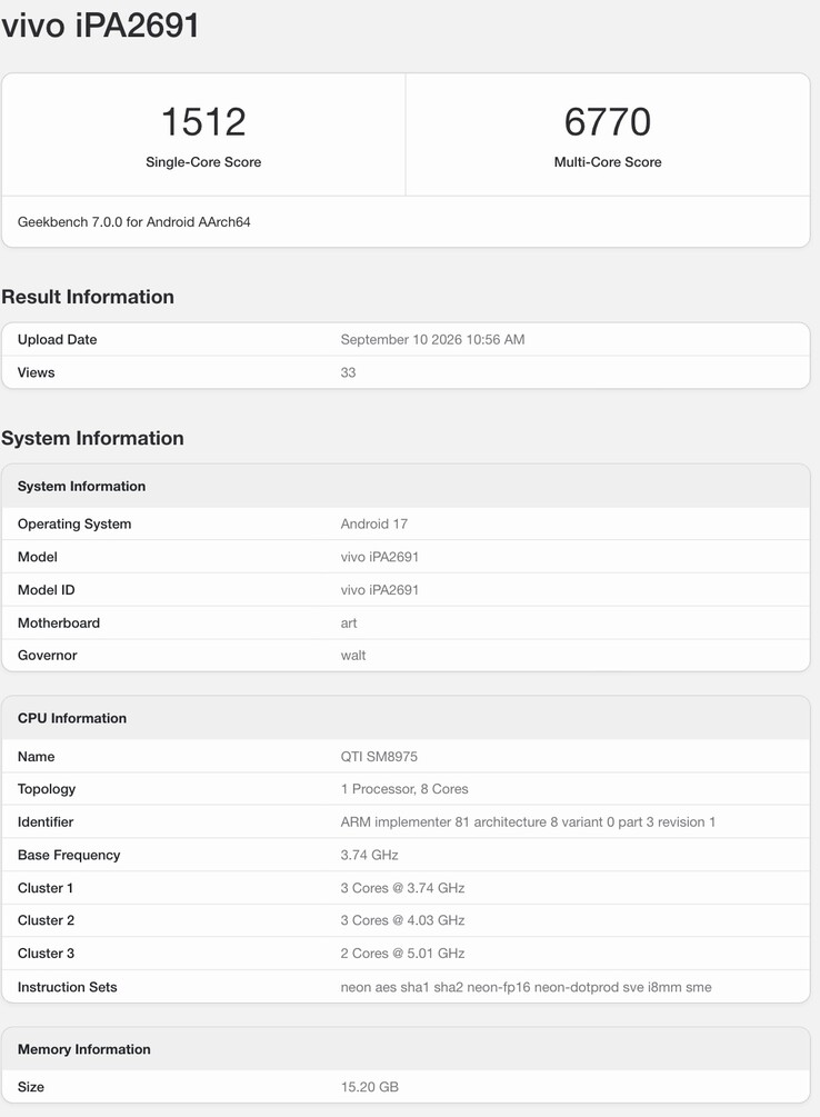 Fiche Geekbench de l'iQOO Pad Ultra.