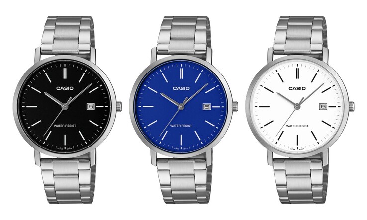 De gauche à droite : les montres Casio MTP-VT05D-1E, MTP-VT05D-2E et MTP-VT05D-7E