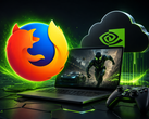 Ordinateur portable de jeu avec un jeu affiché à l’écran, logos des marques GeForce Now et Firefox au-dessus