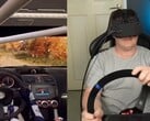 Une image du YouTuber testant la tête dans un simulateur de course (Source de l'image : CNCDan ; capture d'écran recadrée)