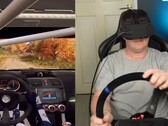 Une image du YouTuber testant la tête dans un simulateur de course (Source de l'image : CNCDan ; capture d'écran recadrée)