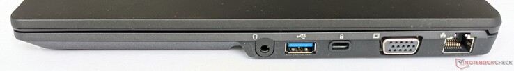 Côté droit : prise audio 3,5 mm, un port USB-A 3.2 Gen 1, fente de sécurité Kensington, sortie VGA, port Gigabit Ethernet