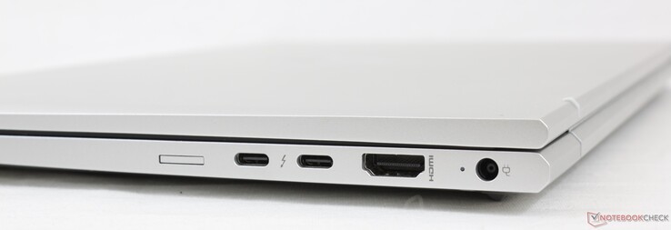 A droite : Emplacement Nano-SIM (en option), 2 x USB-C avec Thunderbolt 4, HDMI 2.0b, adaptateur secteur
