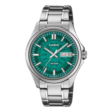 Casio /MTP-E740-3AV, dotée d'un cadran translucide bleu sarcelle lumineux.