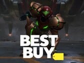 Samus de Metroid Prime 4 : Beyond montrée avec le logo Best Buy (Source de l'image : Nintendo of America, Best Buy avec modifications)