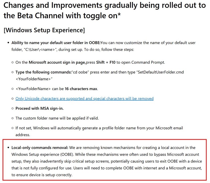 La nouvelle restriction ajoutée dans la version bêta de Windows 11 (Image source : Microsoft)