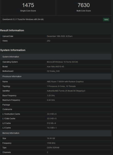 Ryzen 7 5800H scores (Image Sopurce : Geekbench)