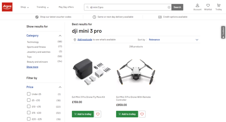 Le Mini 3 Pro et le kit Fly More seront disponibles pour un prix combiné de 1 018 £. (Image source : Argos)