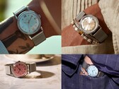 Montres Timex x Todd Snyder Marlin Mesh, dotées de cadrans argentés, bleu aqua et saumon à effet soleil, présentées au poignet et hors du poignet.