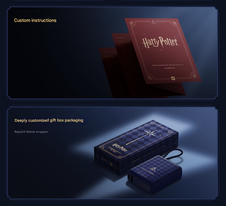 L'emballage et le mode d'emploi du Xiaomi 33W Power Bank 10000 (Integrated Cable) Harry Potter Edition. (Source de l'image : Xiaomi, traduction automatique via Google Translate)