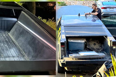 Une précédente observation du Cybertruck (à gauche) indiquait une caisse beaucoup plus étroite que ne le montrent les images plus récentes (à droite). (Source de l'image : The Autopian)