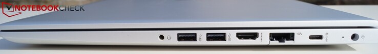 Côté droit : jack 3,5 mm, 2 x USB A 3.1 Gen 1, HDMI, LAN, USB C Gen 1, entrée secteur.