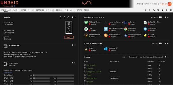 Même si elle est sans doute moins aboutie que Truenas, Unraid propose une interface web très fonctionnelle pour surveiller tous les aspects de votre NAS. (Source : Unraid)