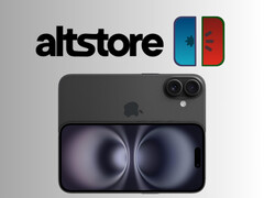 Logos AltStore et meloNX au-dessus de l'iPhone 16 (Source de l'image : Apple, AltStore, meloNX avec modifications)