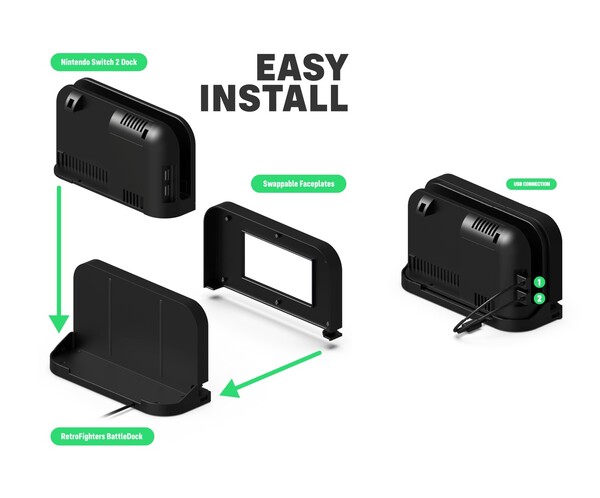 Le BattleDock de Retro Fighter fonctionne avec la station d'accueil officielle de la Nintendo Switch 2. (Source de l'image : Retro Fighters/Kickstarter)