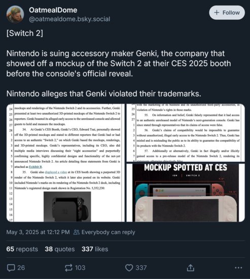 Le procès de Nintendo Genki, poste Bluesky (Image source : OatmealDome Blusky account)