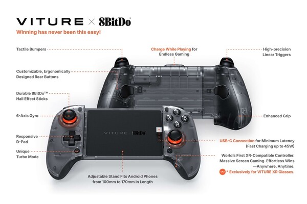 La manette de jeu mobile Ultimate Gaming Controller deViture x 8BitDo est dotée d'un port USB-C sur le dessus pour la recharge en mode passthrough. (Source de l'image : Viture)