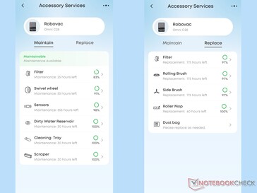 l'application eufy permet de contrôler l'entretien et le remplacement des accessoires.