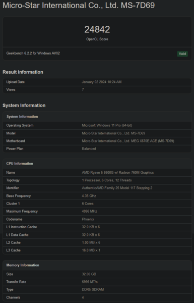 Score Geekbench de l'AMD Ryzen 5 8600G (image via Geekbench)