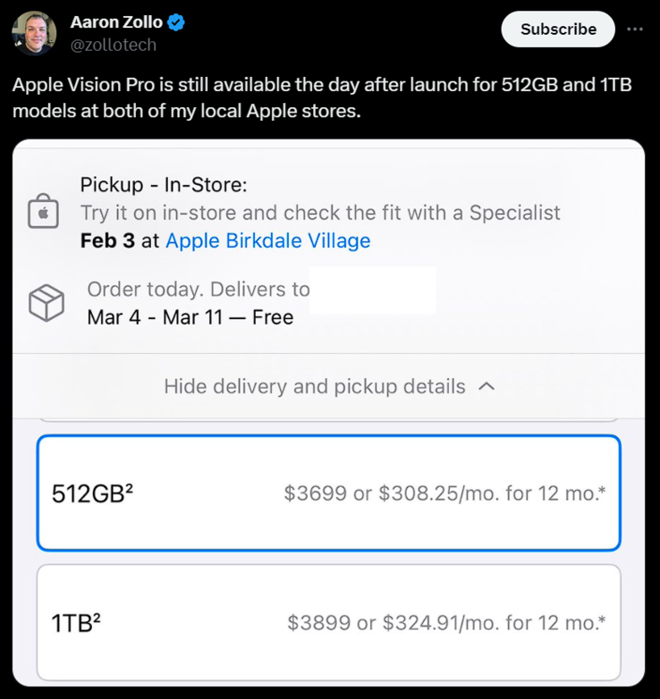 Aaron Zollo a déclaré qu'il pouvait encore acheter la Vision Pro le lendemain de son lancement. (Image : X/Twitter)