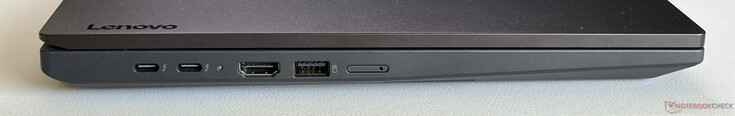 À gauche : 2x USB-C 4.0 avec Thunderbolt 4 (40 Gbps, DisplayPort 1.4a, Power Delivery), HDMI 2.1, USB-A 3.2 Gen. 1 (5 Gbps, Always-On), Nano-SIM