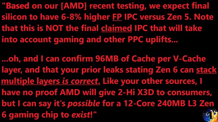 Fuite de l'IPC du Zen 6 d'AMD. (Source de l'image : Moore's Law Is Dead sur YouTube)