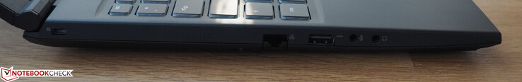 Côté gauche : verrou de sécurité Kensington, RJ45 LAN, USB A 2.0, micro, prise jack.