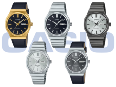 Dans la rangée du haut (de gauche à droite), nous avons le Casio MTP-E735GL-1AV, le MTP-E735D-1AV, et le MTP-E735B-7AV. La rangée du bas présente le Casio MTP-E735D-7AV et le MTP-E735L-8AV, de gauche à droite. (Source de l'image : Casio)