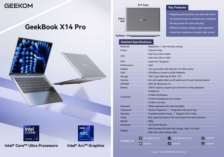 Fiche technique du GeekBook X14 Pro (Image source : Geekom)